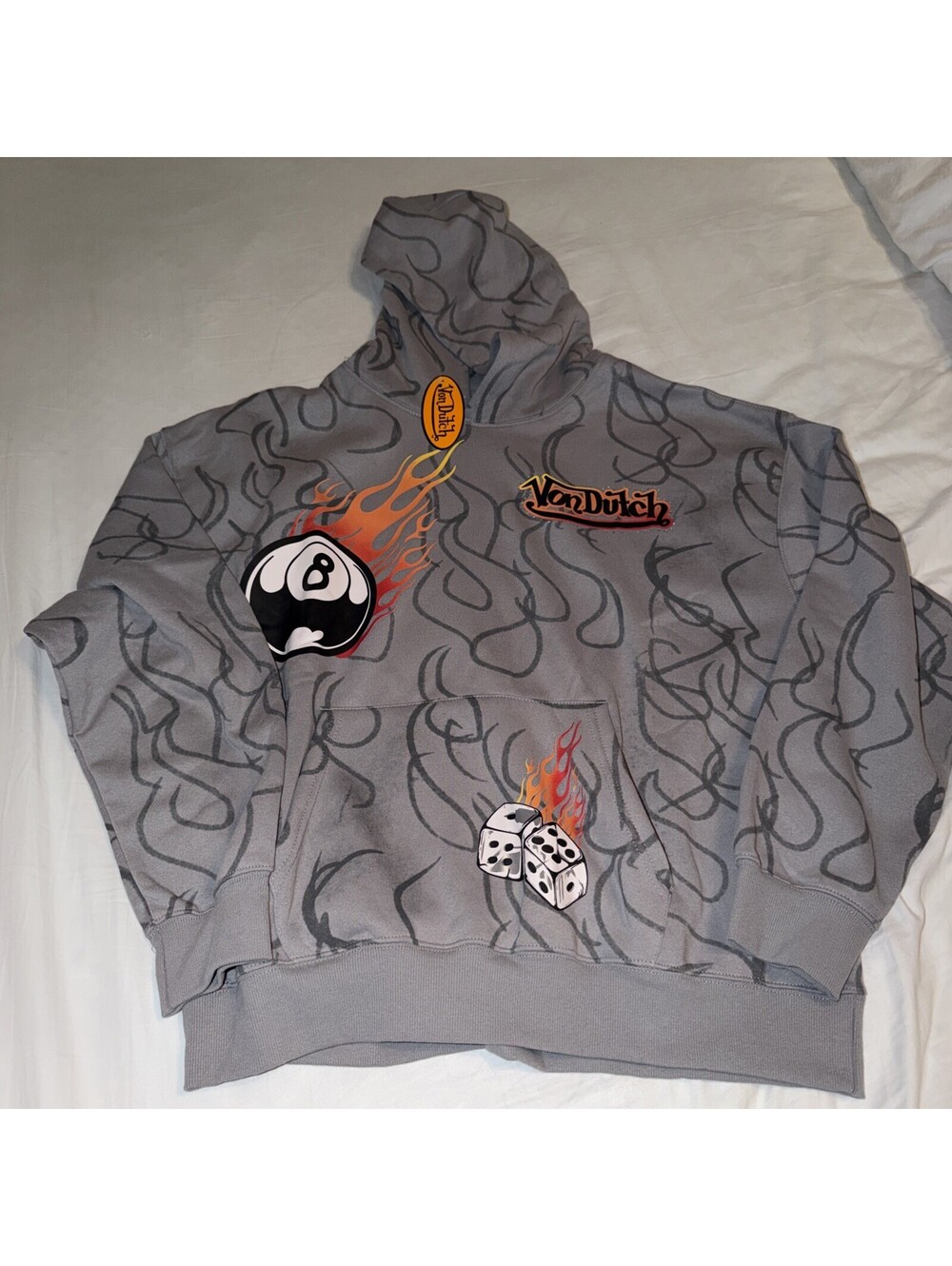 Von Dutch Gray Flame 8-Ball and Dice Graphic Pullover Hoodie Sweatshirt M